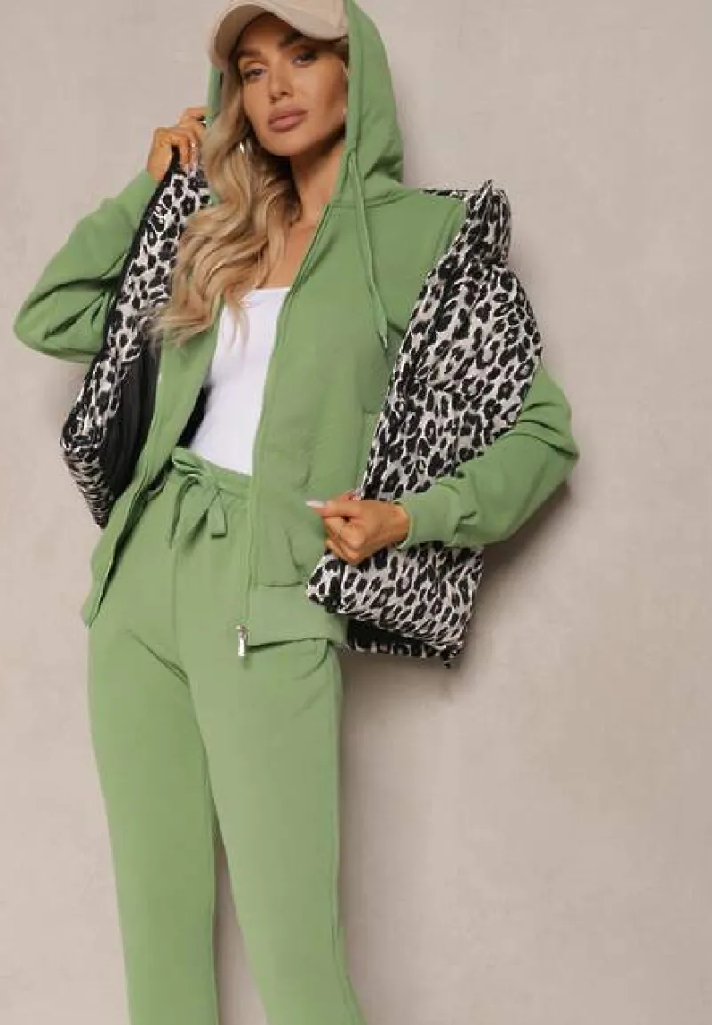 Zielony Casualowy Komplet Dresowy z Domieszką Bawełny Bluza z Kapturem i Spodnie Joggery Sineva