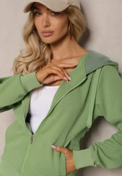 Zielony Casualowy Komplet Dresowy z Domieszką Bawełny Bluza z Kapturem i Spodnie Joggery Sineva