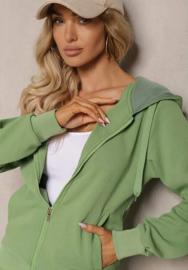 Zielony Casualowy Komplet Dresowy z Domieszką Bawełny Bluza z Kapturem i Spodnie Joggery Sineva