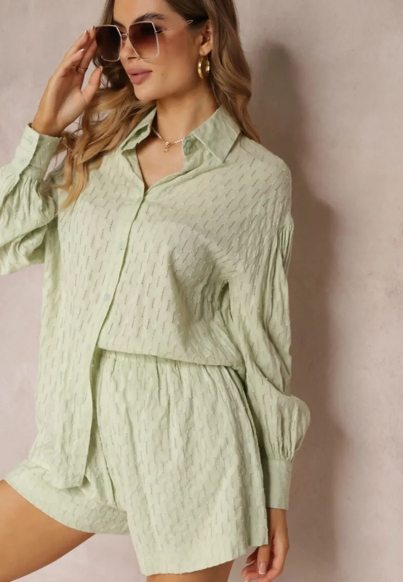 Zielony 2-częściowy Komplet z Elegancką Koszulą Oversize i Szortami Aphinthe