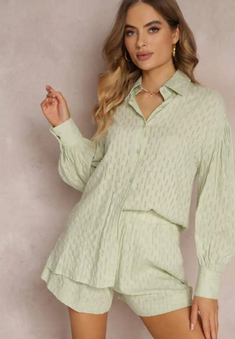 Zielony 2-częściowy Komplet z Elegancką Koszulą Oversize i Szortami Aphinthe