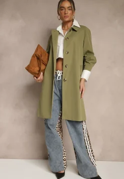 Zielony Jednorzędowy Płaszcz Ozdobiony Kołnierzykiem Ronisya