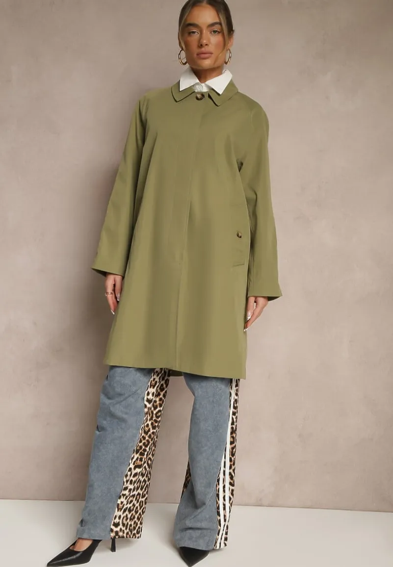 Zielony Jednorzędowy Płaszcz Ozdobiony Kołnierzykiem Ronisya