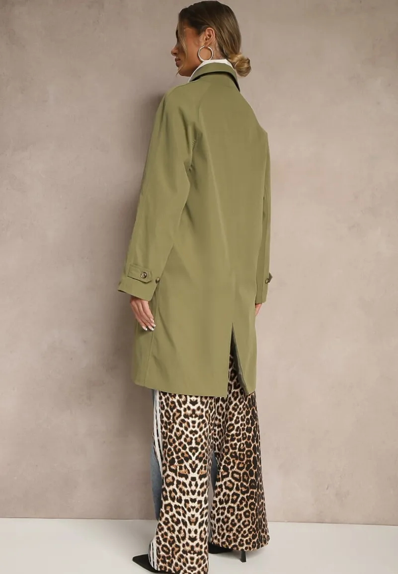 Zielony Jednorzędowy Płaszcz Ozdobiony Kołnierzykiem Ronisya