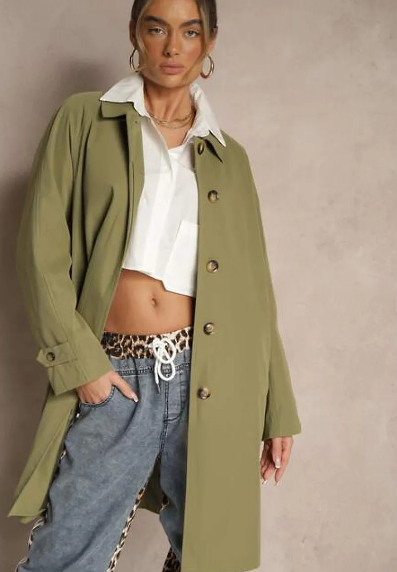 Zielony Jednorzędowy Płaszcz Ozdobiony Kołnierzykiem Ronisya