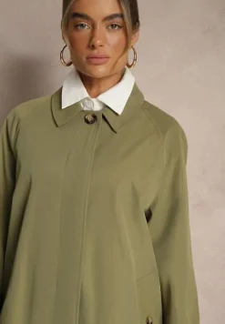 Zielony Jednorzędowy Płaszcz Ozdobiony Kołnierzykiem Ronisya