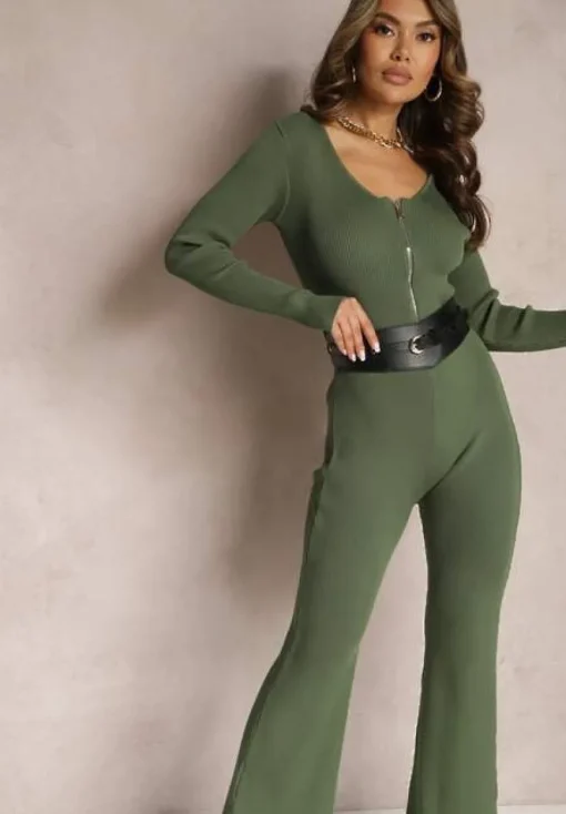 Zielony Kombinezon Bodycon z Prążkowanej Wiskozy ze Spodniami Typu Dzwony i Suwakiem Lavirna