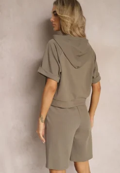 Zielony Komplet Dresowy Bluza z Kapturem i Krótkimi Rękawami oraz Szorty Choana