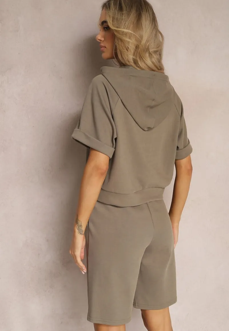 Zielony Komplet Dresowy Bluza z Kapturem i Krótkimi Rękawami oraz Szorty Choana