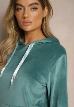 Zielony Komplet Dresowy z Dodatkiem Bawełny Spodnie z Gumką w Pasie Bluza z Kapturem Reseria