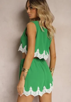 Zielony Komplet Ozdobiony Koronką Top na Ramiączkach Szorty Luźne High Waist Filoa