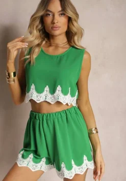 Zielony Komplet Ozdobiony Koronką Top na Ramiączkach Szorty Luźne High Waist Filoa