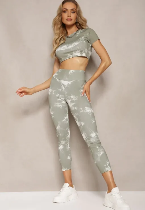 Zielony Komplet Sportowy z Printem Tie-Dye z Koszulą Cropped i Legginsami Davenia