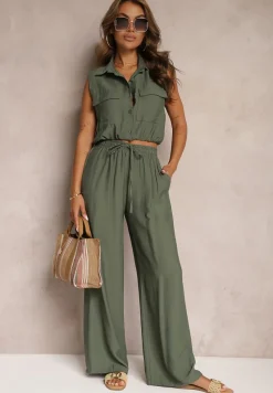 Zielony Komplet z Wiskozy Spodnie o Szerokim Kroju z Gumką w Talii Bluzka z Kieszeniami Risellesma