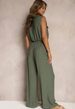 Zielony Komplet z Wiskozy Spodnie o Szerokim Kroju z Gumką w Talii Bluzka z Kieszeniami Risellesma