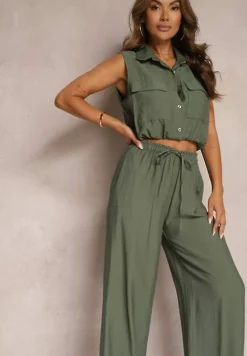 Zielony Komplet z Wiskozy Spodnie o Szerokim Kroju z Gumką w Talii Bluzka z Kieszeniami Risellesma