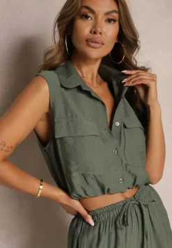 Zielony Komplet z Wiskozy Spodnie o Szerokim Kroju z Gumką w Talii Bluzka z Kieszeniami Risellesma