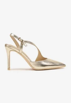Złote Asymetryczne Sandały Vices na Obcasie ze Szpiczastym Noskiem Niriese