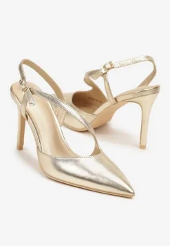 Złote Asymetryczne Sandały Vices na Obcasie ze Szpiczastym Noskiem Niriese