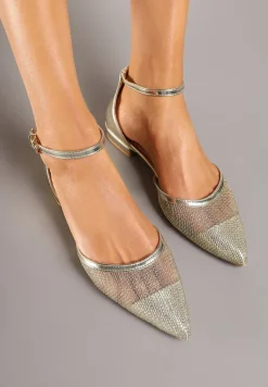 Złote Czółenka Baleriny na Płaskiej Podeszwie z Siateczkową Cholewką Neolindra