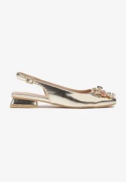 Złote Czółenka Slingback Vices z Cyrkoniami i Wkładką ze Skóry Eklina