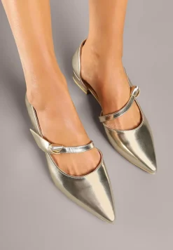 Złote Czółenka Vices na Płaskiej Podeszwie ze Skórzaną Wkładką z Supełkiem Liliarine