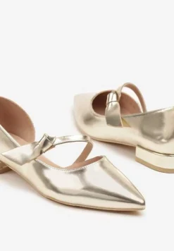 Złote Czółenka Vices na Płaskiej Podeszwie ze Skórzaną Wkładką z Supełkiem Liliarine