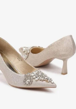 Złote Eleganckie Czółenka na Szpilce z Brokatem i Cyrkoniami Arkana