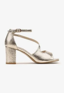 Złote Eleganckie Sandały na Powlekanym Obcasie ze Skórzaną Wkładką Brigides