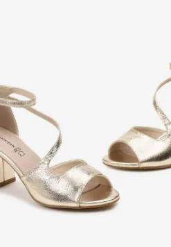 Złote Eleganckie Sandały na Powlekanym Obcasie ze Skórzaną Wkładką Brigides