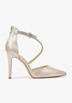 Złote Eleganckie Szpilki z Cyrkoniowymi Paskami Alennia