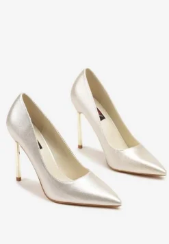 Złote Eleganckie Szpilki z Metaliczną Wstawką Annalor