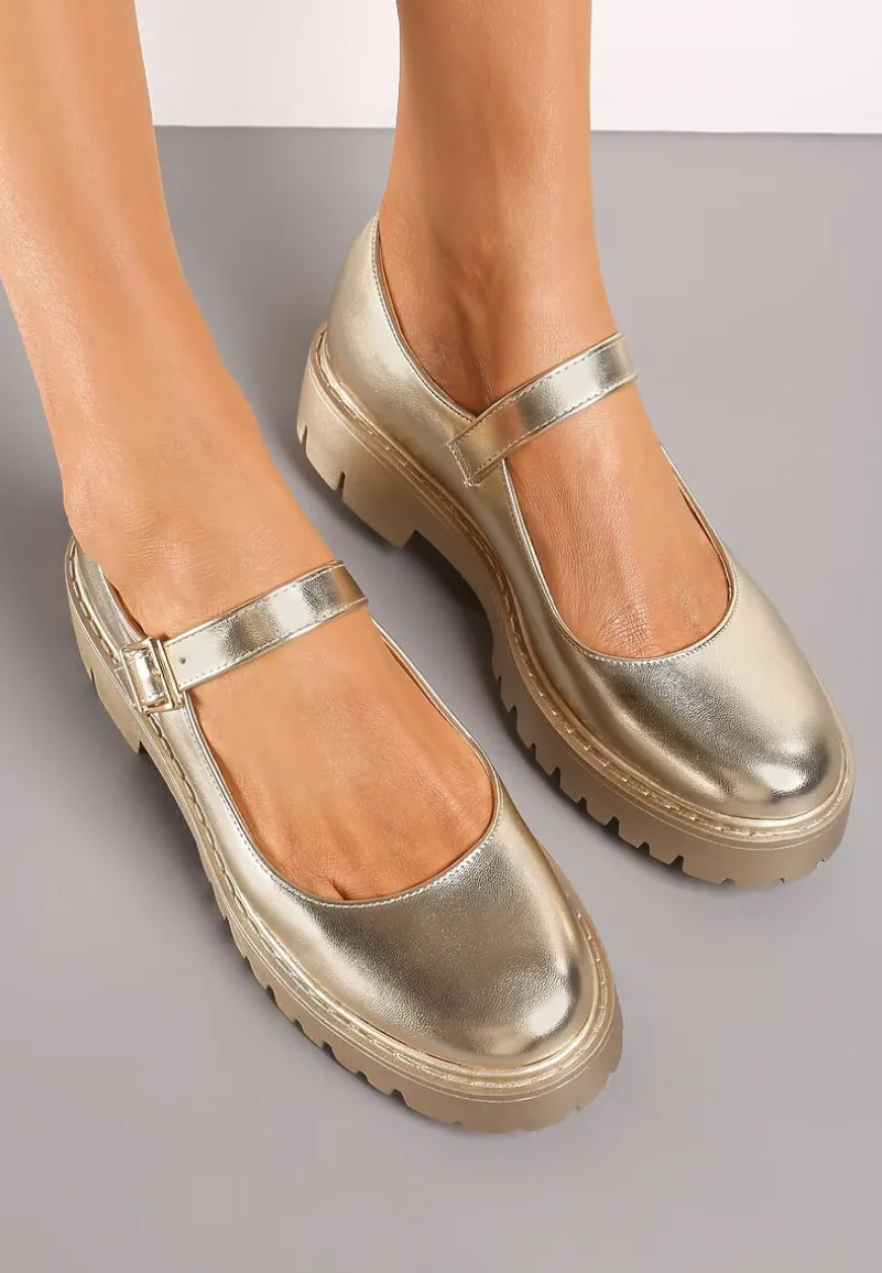 Złote Klasyczne Półbuty ze Sprzączką na Grubej Podeszwie Nerlita