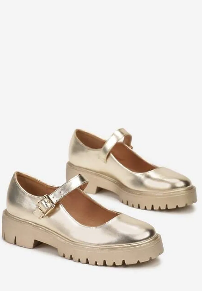 Złote Klasyczne Półbuty ze Sprzączką na Grubej Podeszwie Nerlita