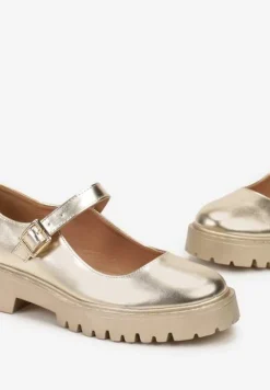 Złote Klasyczne Półbuty ze Sprzączką na Grubej Podeszwie Nerlita