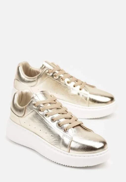 Złote Metaliczne Sneakersy Vices na Płaskiej Podeszwie Syliel