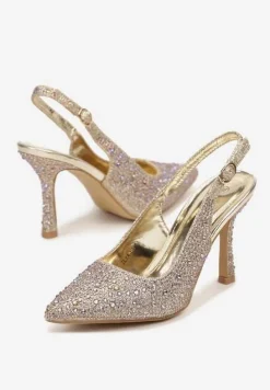 Złote Sandały na Obcasie z Ozdobnymi Cyrkoniami i Szpiczastym Noskiem Rivasella