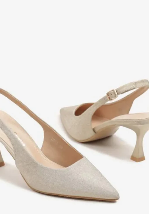 Złote Sandały Slingback na Klepsydrze Zdobione Brokatem Reolina