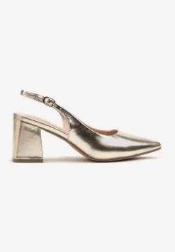Złote Sandały Slingback na Słupkowym Obcasie Tenella
