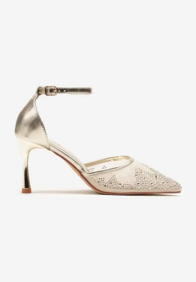 Złote Sandały Szpilki z Siateczkowym Noskiem w Szpic Zdobionym Cyrkoniami Alirenda