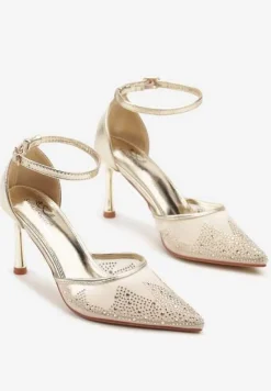 Złote Sandały Szpilki z Siateczkowym Noskiem w Szpic Zdobionym Cyrkoniami Alirenda