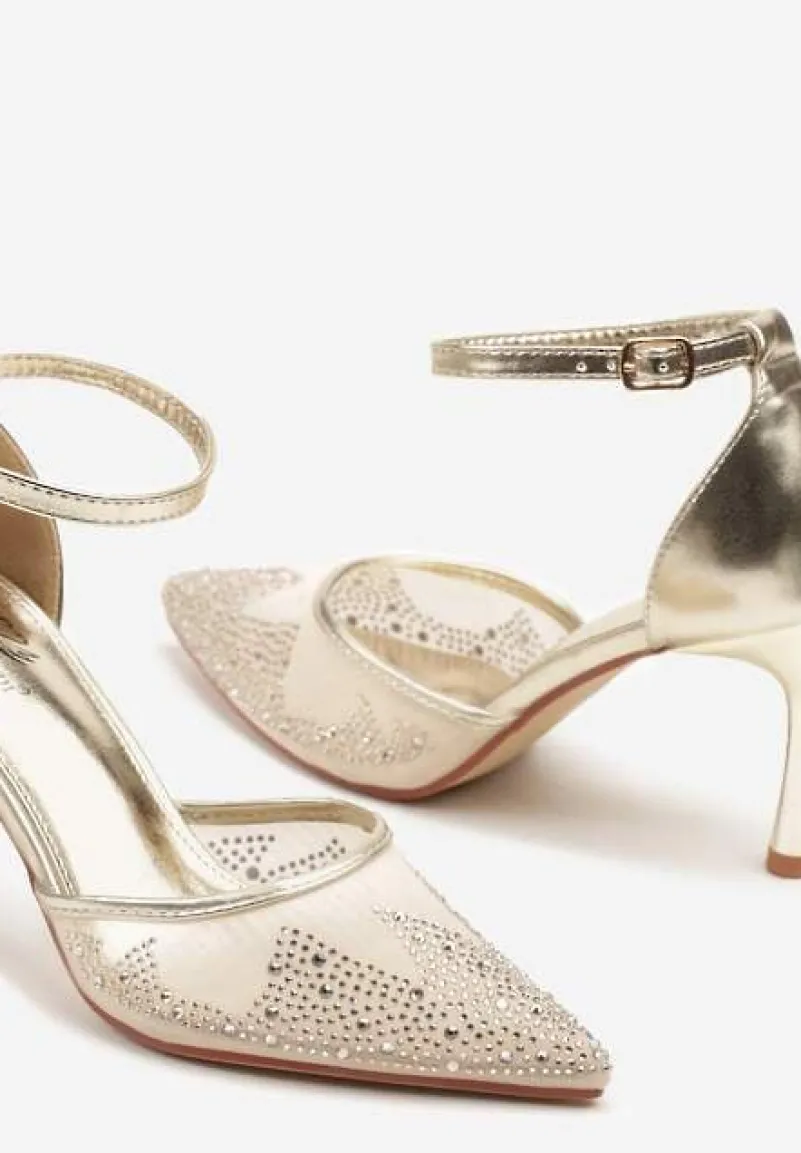 Złote Sandały Szpilki z Siateczkowym Noskiem w Szpic Zdobionym Cyrkoniami Alirenda