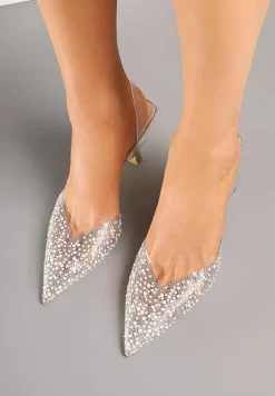 Złote Sandały Vices na Szpilce Slingback ze Skórzaną Wkładką i Cyrkoniami Ovifa