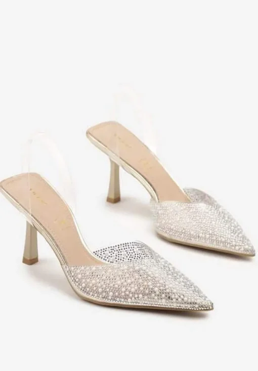 Złote Sandały Vices na Szpilce Slingback ze Skórzaną Wkładką i Cyrkoniami Ovifa