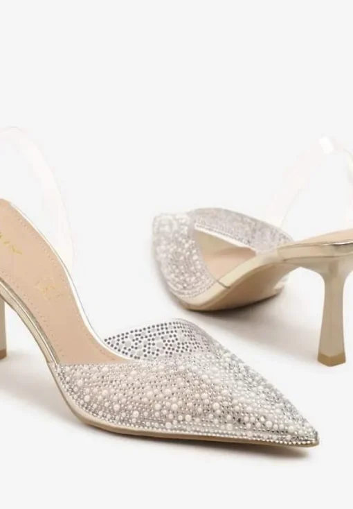 Złote Sandały Vices na Szpilce Slingback ze Skórzaną Wkładką i Cyrkoniami Ovifa