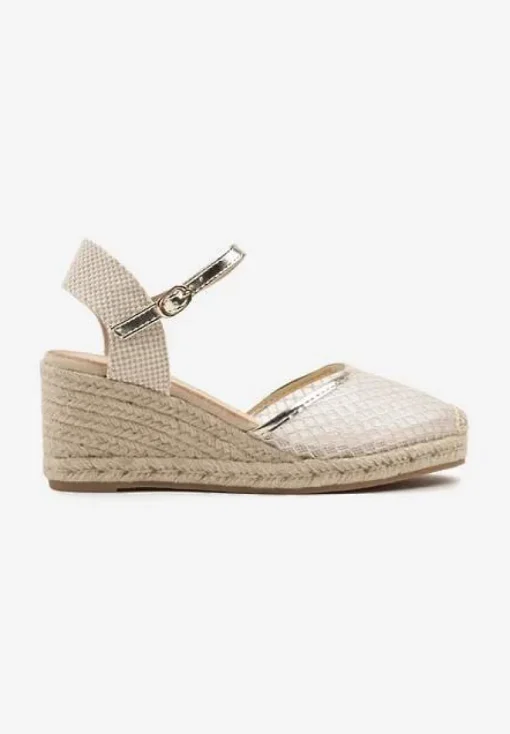 Złote Sandały w Stylu Espadryli z Plecionką i Siateczką Meranella