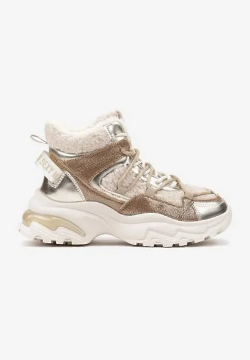 Złote Sneakersy na Platformie Ozdobione Metaliczną Nicią i Futerkiem Volattia