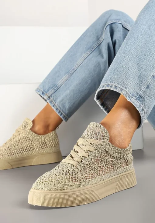 Złote Sneakersy z Ażurowej Koronki na Grubej Podeszwie Nanessia