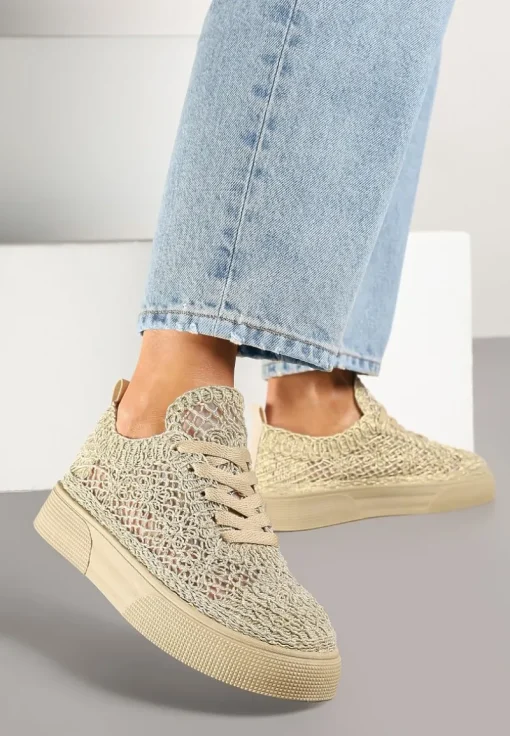 Złote Sneakersy z Ażurowej Koronki na Grubej Podeszwie Nanessia
