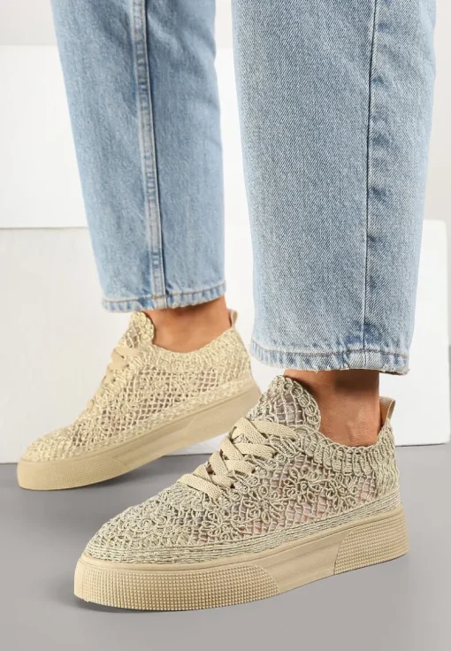 Złote Sneakersy z Ażurowej Koronki na Grubej Podeszwie Nanessia